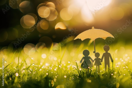 A paper family under an umbrella on dewy morning grass, symbolic and serene. Early morning light. photo