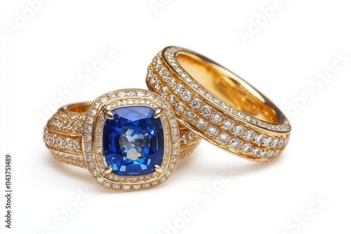 Two exquisite gold rings featuring a cushion-cut blue sapphire surrounded by diamonds