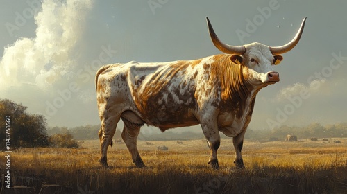 Impressive side view of a large bull in a grassy field under a dramatic sky at midday
