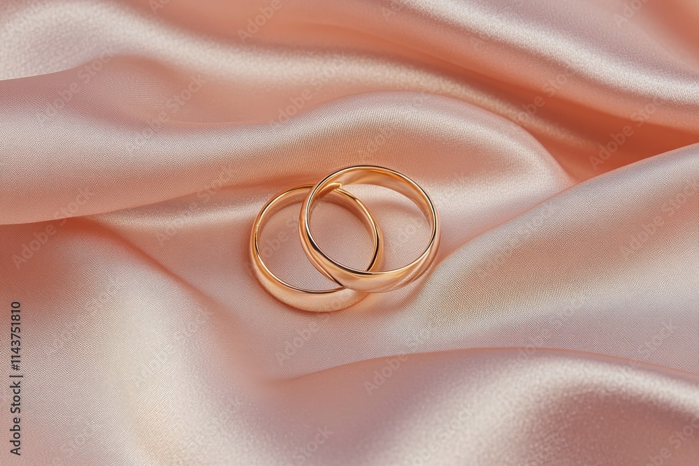 Two gold wedding bands placed on a smooth blush-pink silk fabric Two gold wedding bands placed on a smooth blush-pink silk fabric