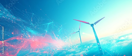 Wind turbines with futuristic digital graphics overlayed, symbolizing renewable energy and technological advancements in the green energy sector photo