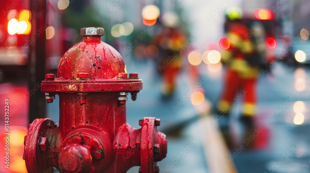 A red fire hydrant with blurred firefighters in the background, capturing urgency. Bright outdoor lighting. A red fire hydrant with blurred firefighters in the background, capturing urgency. Bright outdoor lighting.