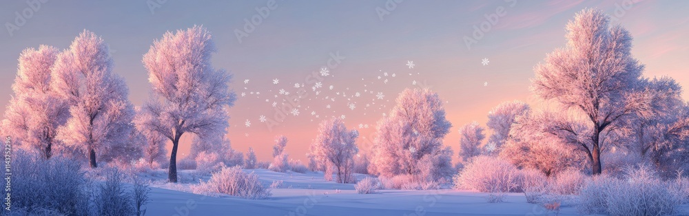 Serene snowy landscape at twilight with frosted trees and soft twilight hue in the sky Serene snowy landscape at twilight with frosted trees and soft twilight hue in the sky