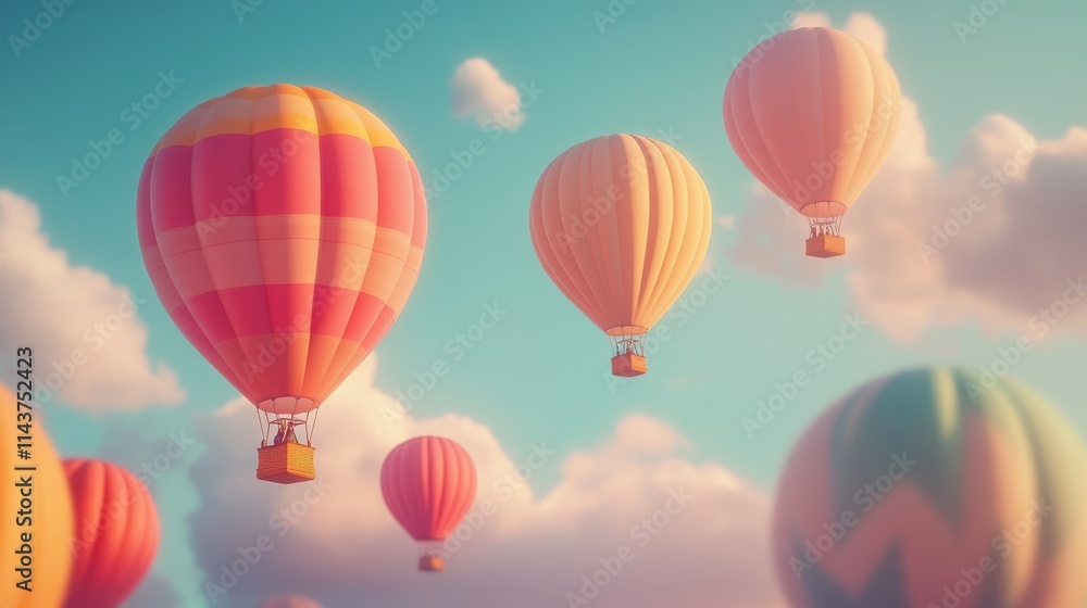 Fototapeta premium Colorful hot air balloons float in a serene sky, creating a whimsical travel scene.