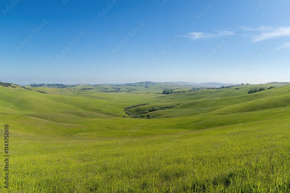 Vast green field, rolling hills lush grass vibrant landscape clear blue sky wispy clouds horizon Vast green field, rolling hills lush grass vibrant landscape clear blue sky wispy clouds horizon