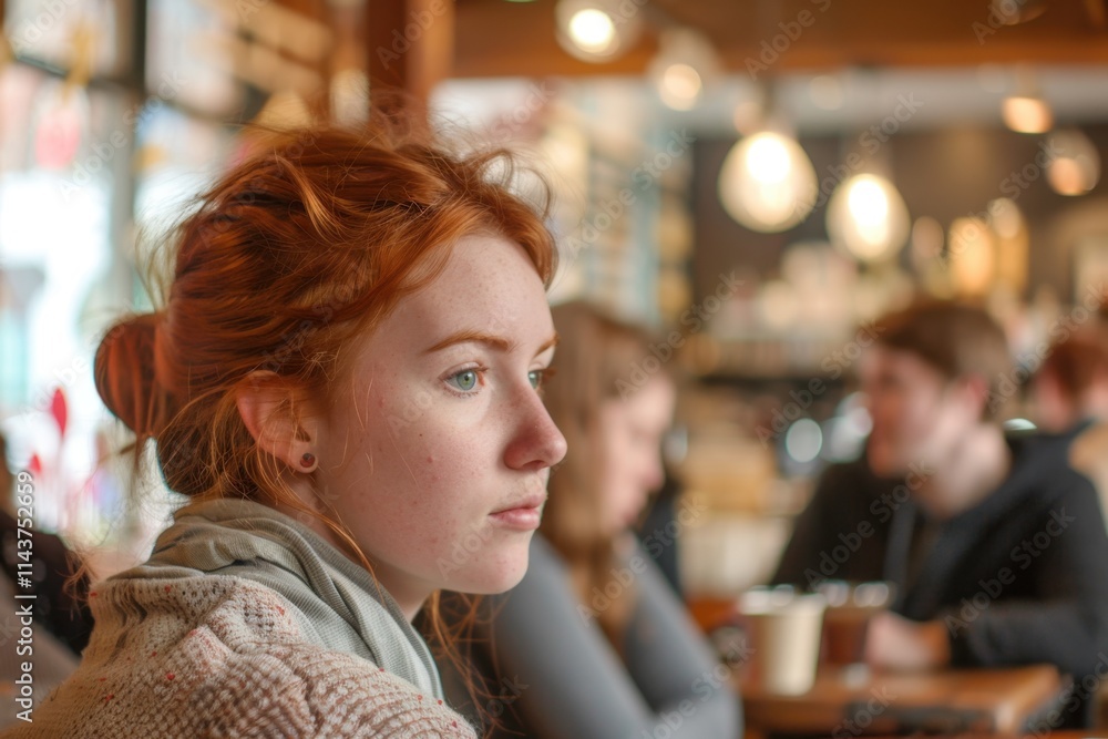 A redheaded woman sitting thoughtfully in a busy cafe, with a contemplative expression and soft natural light creating a cozy atmosphere. Natural soft light. A redheaded woman sitting thoughtfully in a busy cafe, with a contemplative expression and soft natural light creating a cozy atmosphere. Natural soft light.