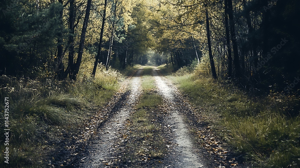Fototapeta premium Forest Path, Mysterious Woods, Nature Trail, Autumn Woods, Pathway, Wilderness, Solitude, Exploration