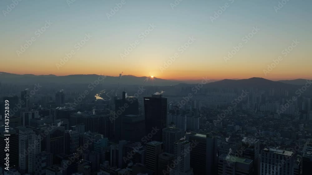 Aerial View of Seoul city in Sunrise of South Korea, Gangnam financial district, Winter Aerial View of Seoul city in Sunrise of South Korea, Gangnam financial district, Winter