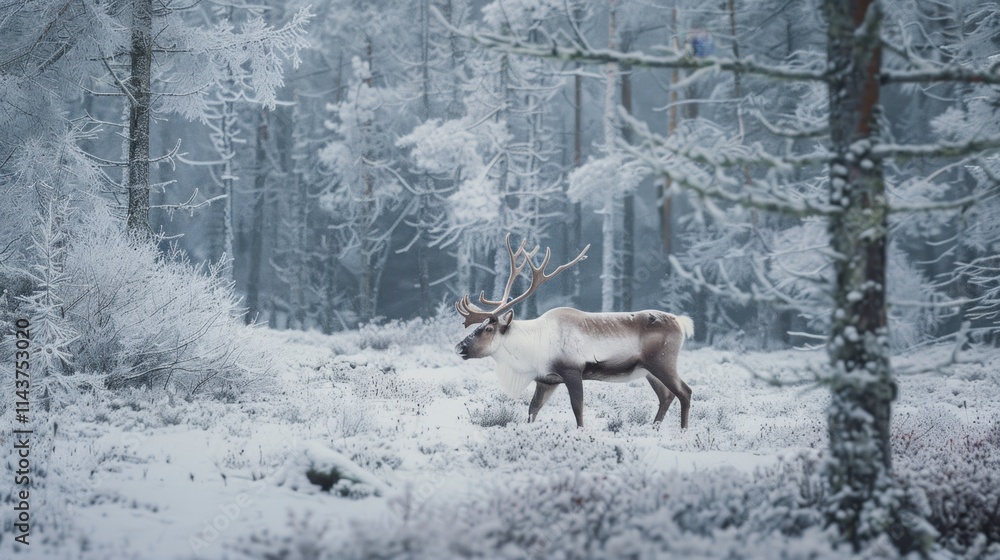 A reindeer in a snowy forest landscape, serene and majestic. Soft natural light. A reindeer in a snowy forest landscape, serene and majestic. Soft natural light.