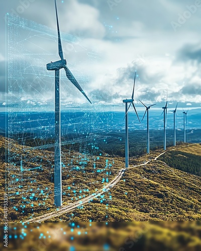 Digital futuristic graphics overlaid on wind turbines, representing innovation and technological progress in the renewable energy industry photo