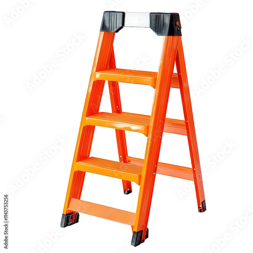 a bright orange step ladder with four steps isolated on a transparent background photo