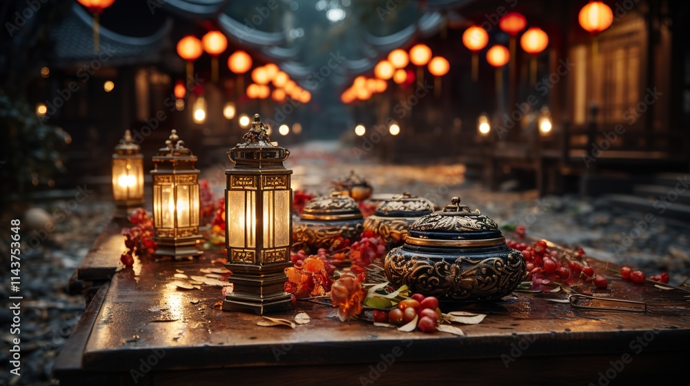 Night asian traditional street market, lantern lamp decoration Night asian traditional street market, lantern lamp decoration