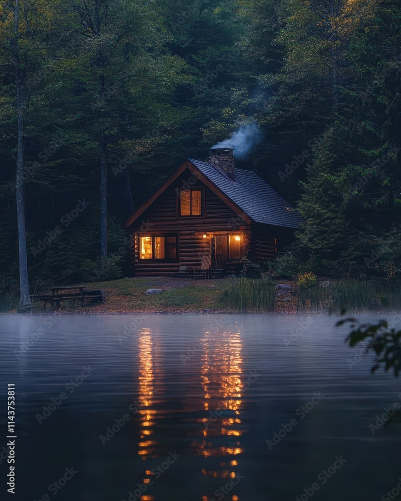 Fototapeta premium Cozy Lakeside Cabin Retreat in the Serene Twilight Forest