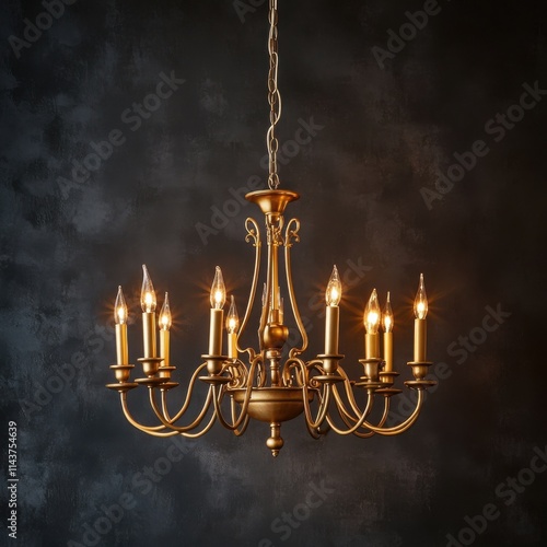 A classic gold chandelier with 12 candle style lights photo