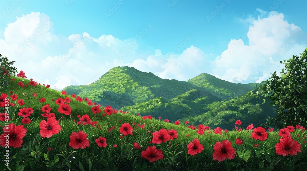 A lush tropical hillside covered in blooming hibiscus flowers A lush tropical hillside covered in blooming hibiscus flowers