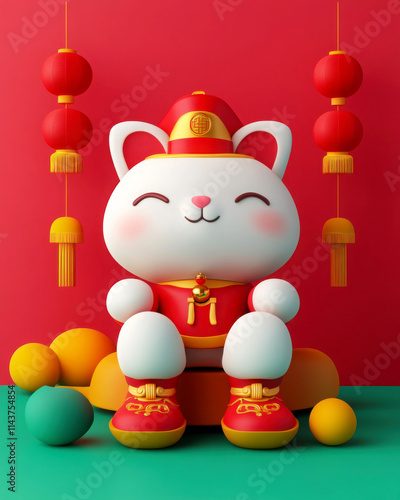 Cute cat figurine adorned with traditional festive decorations.