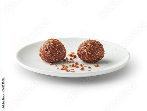 Two round snacks on a white plate, with some crumbs scattered around.