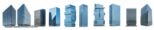 set bundle Contemporary office skyscraper building with a glass facade captured on a clear day cut out white backround 300dpi photo