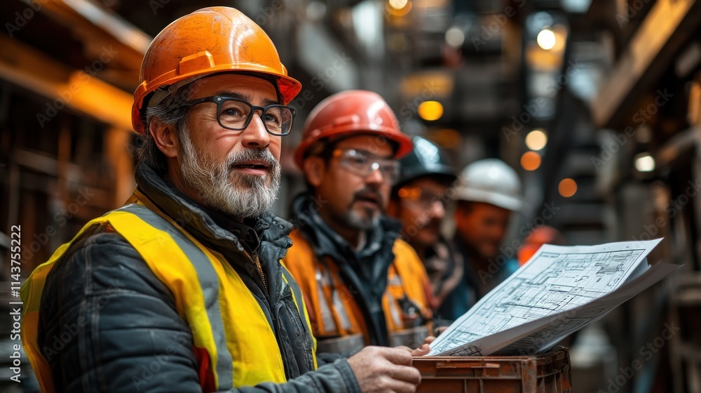 Workers reviewing plans in an industrial setting. Workers reviewing plans in an industrial setting.