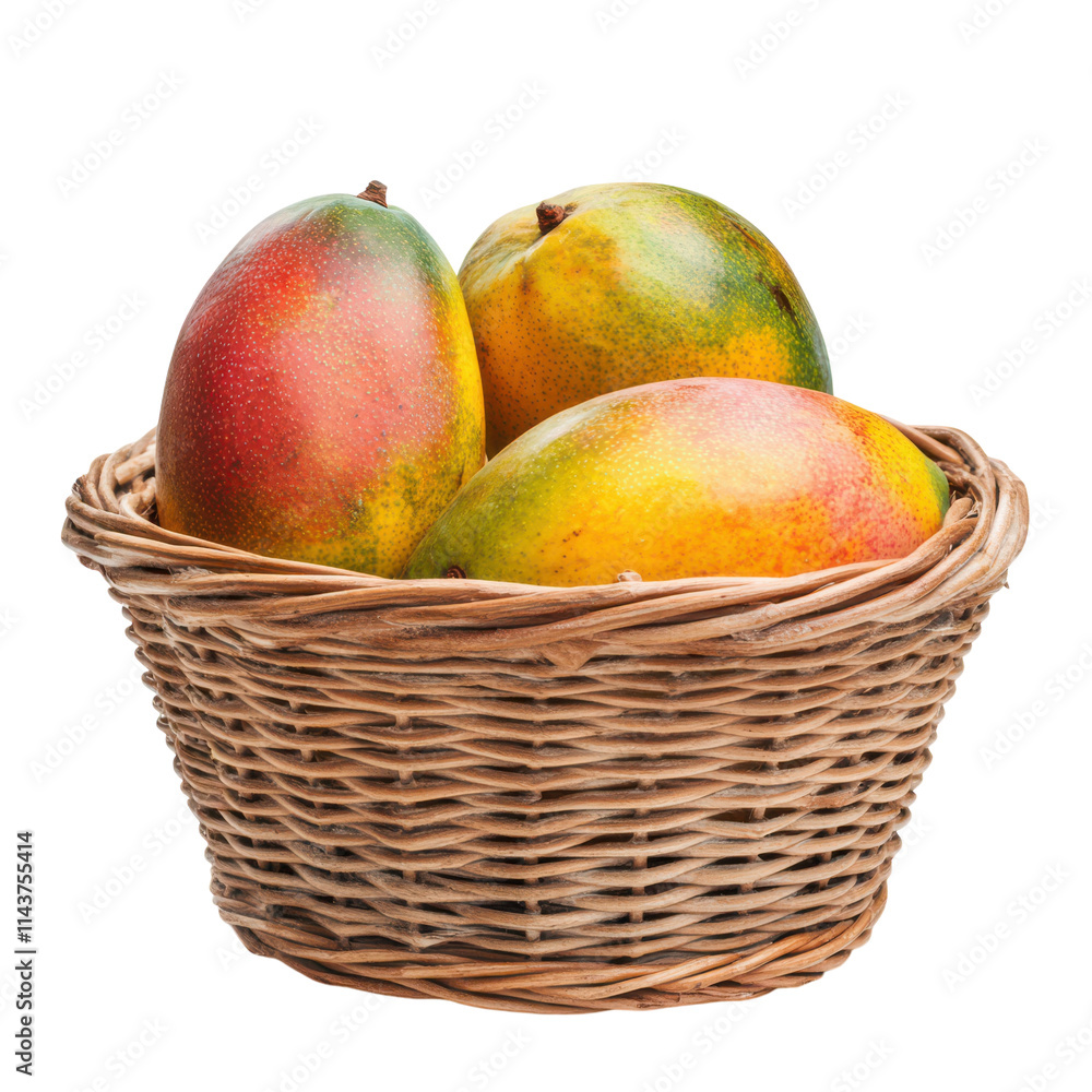 Basket of Ripe Mangoes Isolated on White Background Ideal for Summer Recipes and Tropical Themes and Transparent background. Basket of Ripe Mangoes Isolated on White Background Ideal for Summer Recipes and Tropical Themes and Transparent background.