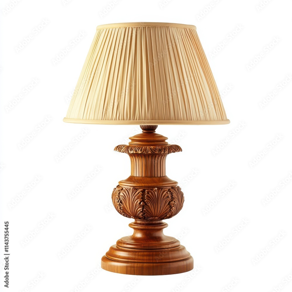 A classic table lamp with an intricately carved wooden base featuring a polished finish A classic table lamp with an intricately carved wooden base featuring a polished finish