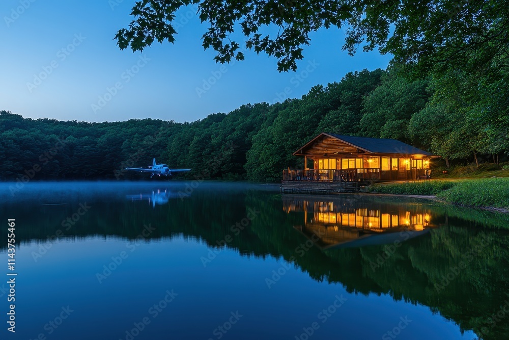 Tranquil Lakeside Cabin Retreat at Dusk with Seaplane Landing Tranquil Lakeside Cabin Retreat at Dusk with Seaplane Landing