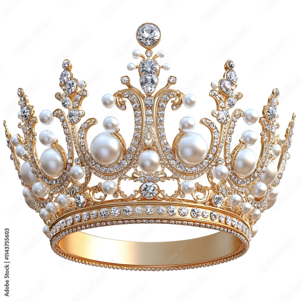 Golden Crown Adorned with Pearls and Diamonds, Isolated on Transparent Background Golden Crown Adorned with Pearls and Diamonds, Isolated on Transparent Background