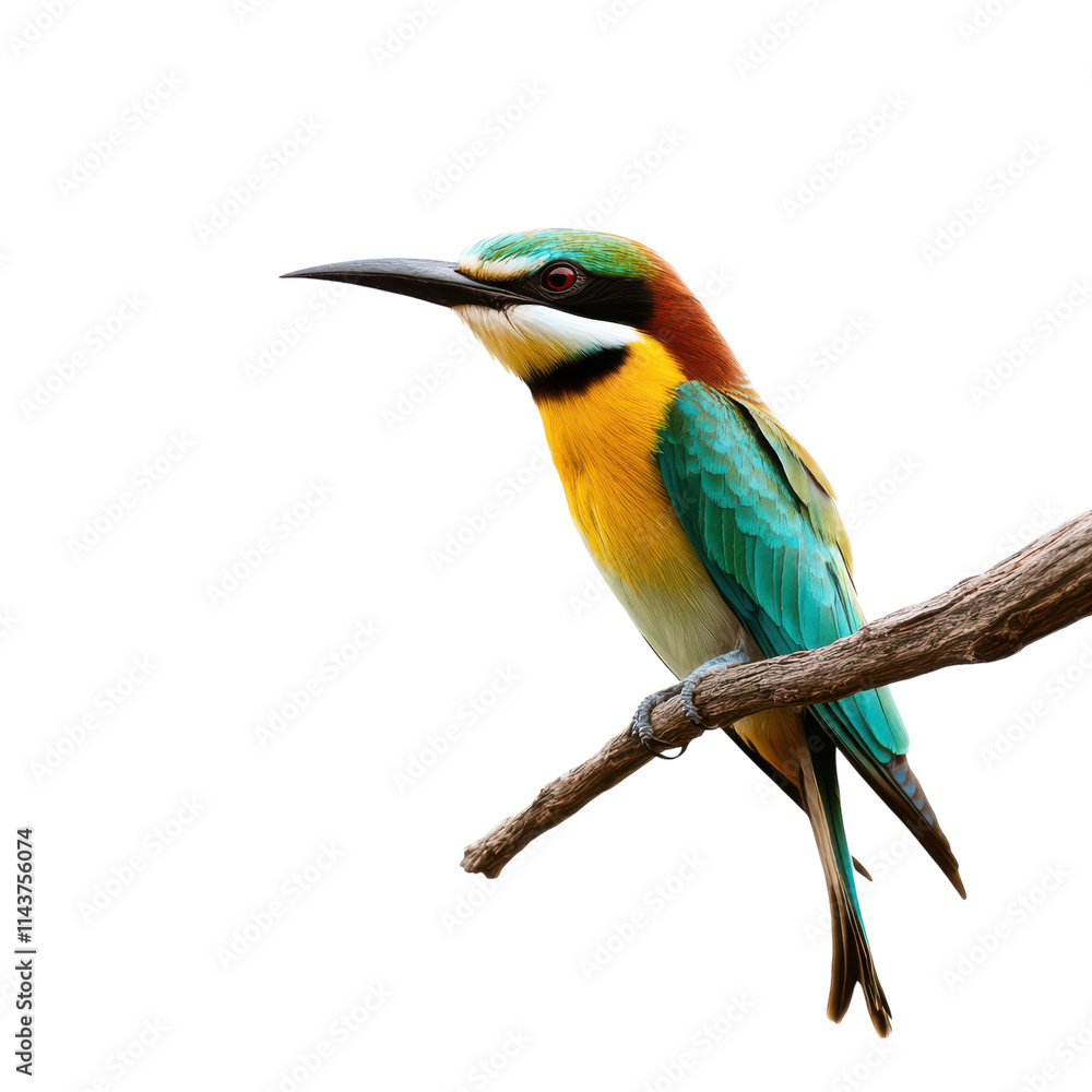 Stunning Bee-eater on a Branch Isolated on White Background for Nature and Wildlife Themes and Transparent background. Stunning Bee-eater on a Branch Isolated on White Background for Nature and Wildlife Themes and Transparent background.