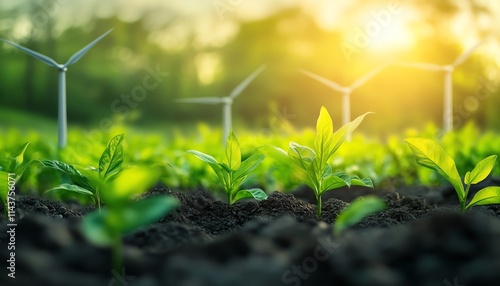 Renewable energy concept with wind turbines and lush green plants, symbolizing sustainable energy development and environmental conservation