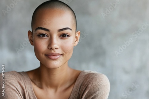 A portrait of a bald woman radiating confidence and warmth, captured against a textured concrete wall, showcasing beauty and empowerment in simplicity. photo