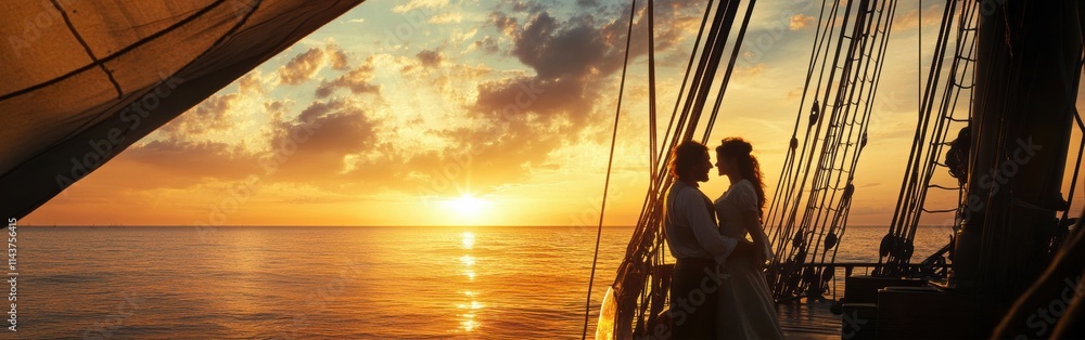 Romantic sunset embrace between a couple on the deck of a sailing ship overlooking the calm sea Romantic sunset embrace between a couple on the deck of a sailing ship overlooking the calm sea