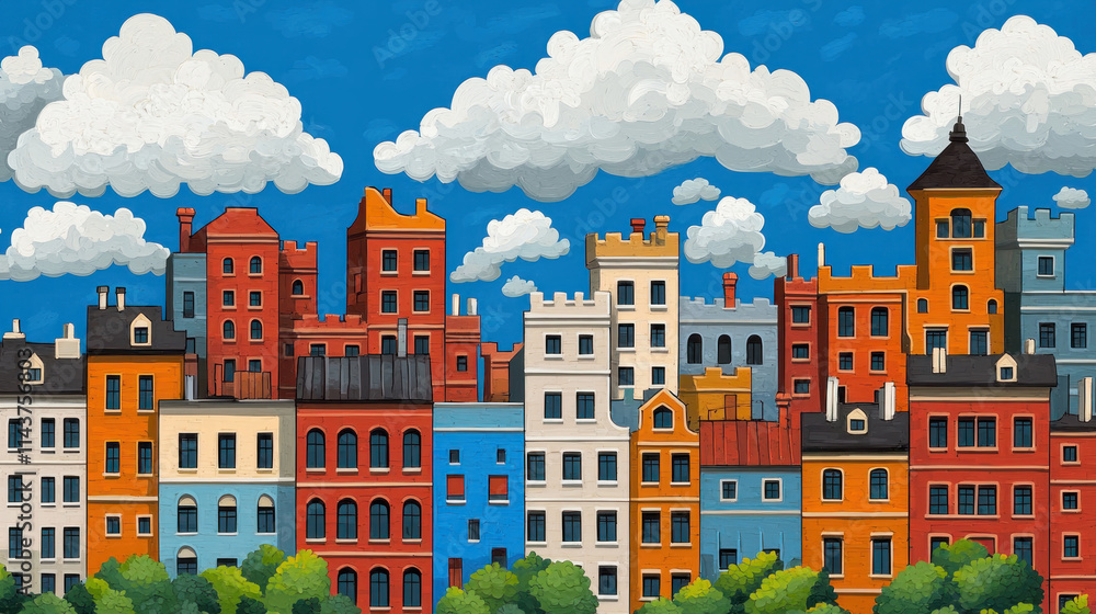 Obraz premium Colorful city skyline with diverse architectural styles and vibrant cloud patterns.