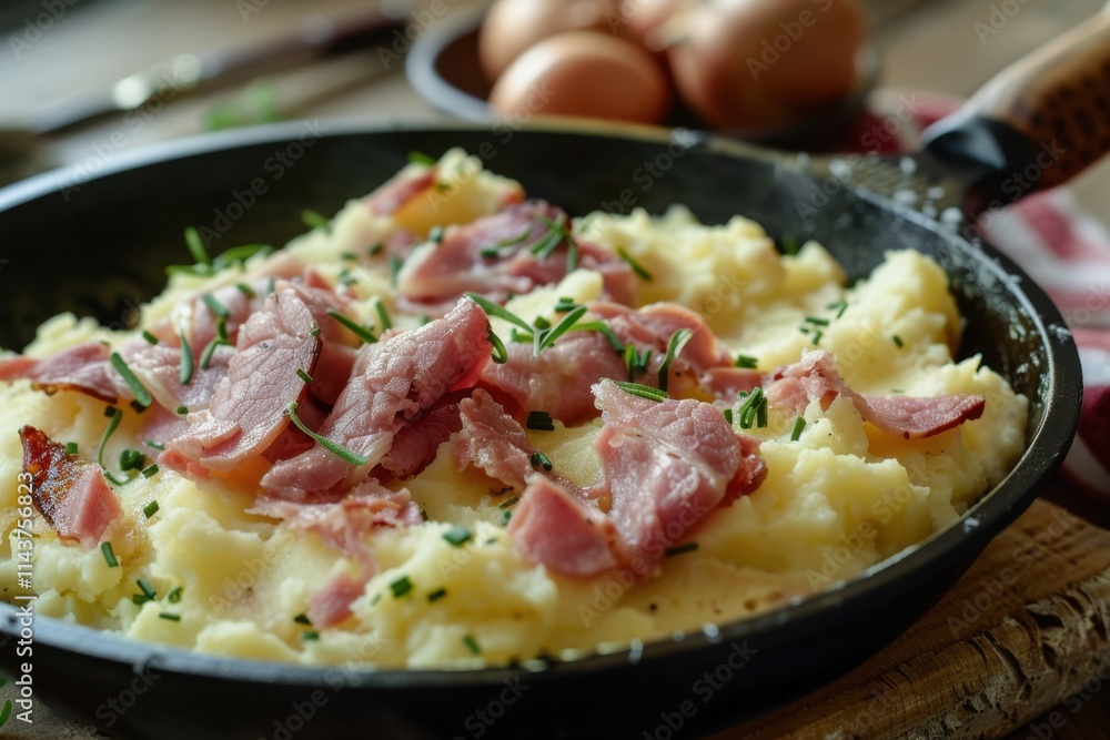 A skillet with ham and mashed potatoes. Soft natural lighting. A skillet with ham and mashed potatoes. Soft natural lighting.