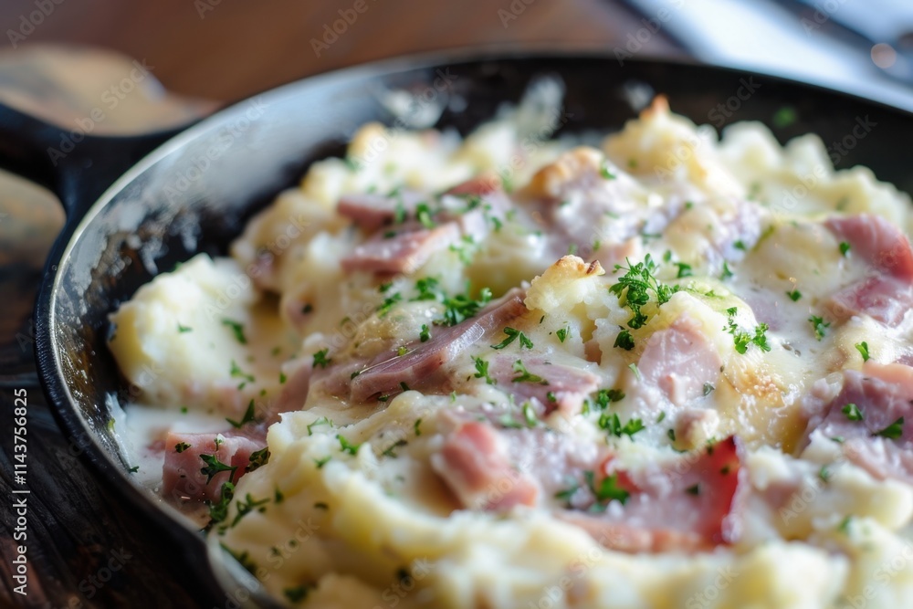 A skillet with ham and mashed potatoes. Soft natural lighting. A skillet with ham and mashed potatoes. Soft natural lighting.