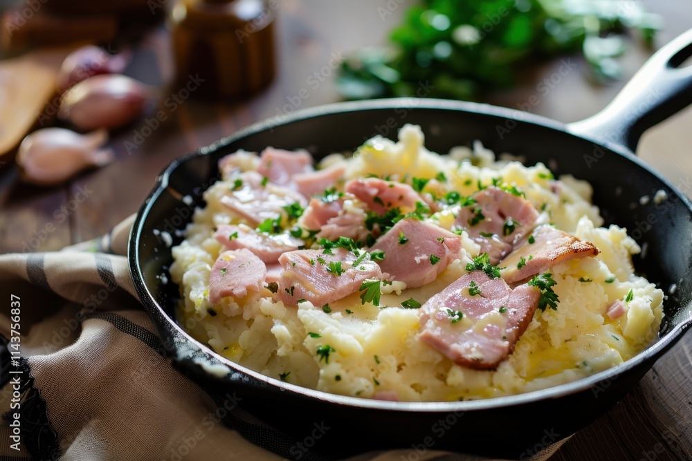 A skillet with ham and mashed potatoes. Soft natural lighting. A skillet with ham and mashed potatoes. Soft natural lighting.