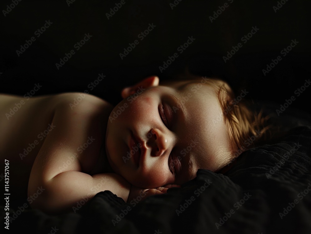 A sleeping baby on a black background, highlighting the serene and peaceful moment. Soft, gentle lighting. A sleeping baby on a black background, highlighting the serene and peaceful moment. Soft, gentle lighting.