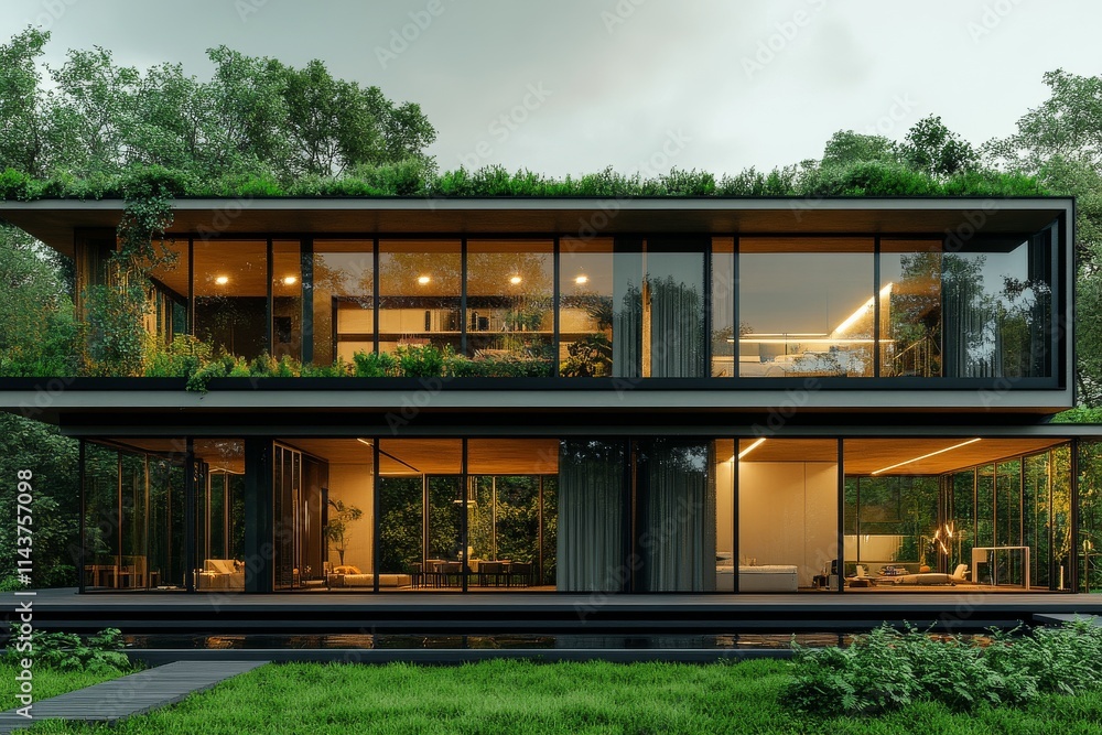 Obraz premium A modern, eco-friendly home design that harmoniously integrates with surrounding nature, showcasing sustainable architecture and seamless outdoor-indoors fusion.