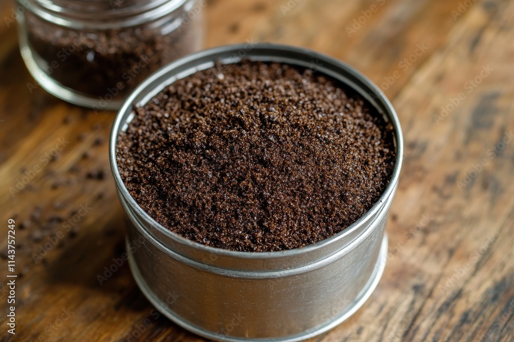 A close up of a metal container filled with finely ground coffee A close up of a metal container filled with finely ground coffee