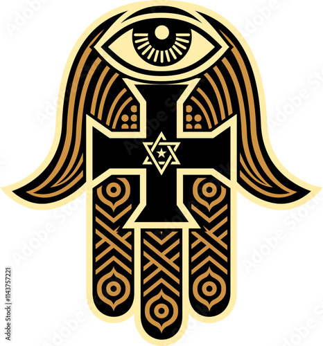 Elegant Hamsa Hand with Religious Symbols Vector eye hand cross, star of david