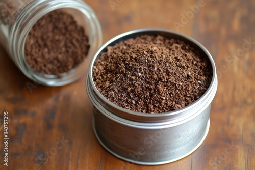 A close up of a metal container filled with finely ground coffee