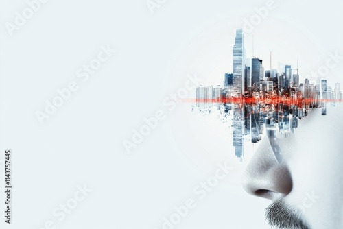 A conceptual image merging an urban skyline with the profile of a human face, illustrating the intersection of human perception and urban development in future cities. #1143757445