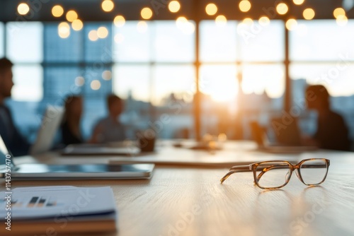 A business meeting set in a modern office with participants discussing around a table, as ambient warm light and sunset illuminate the room, fostering collaboration and innovation.