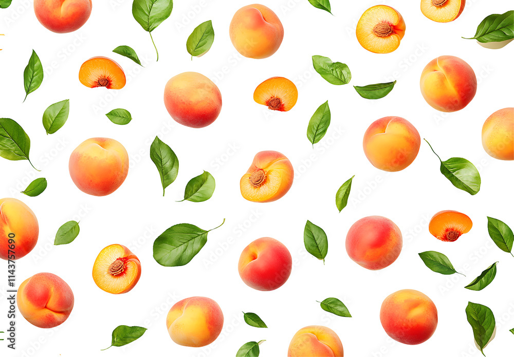 Peaches & Leaves Pattern, Isolated Fruit Background, Vibrant Summer Produce, Juicy Peach Slices, Green Leaves, White Background Peaches & Leaves Pattern, Isolated Fruit Background, Vibrant Summer Produce, Juicy Peach Slices, Green Leaves, White Background