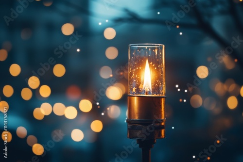 A single lit candle encased in glass casts a warm glow, surrounded by beautiful bokeh lights, creating a cozy and tranquil ambiance to the scene. photo