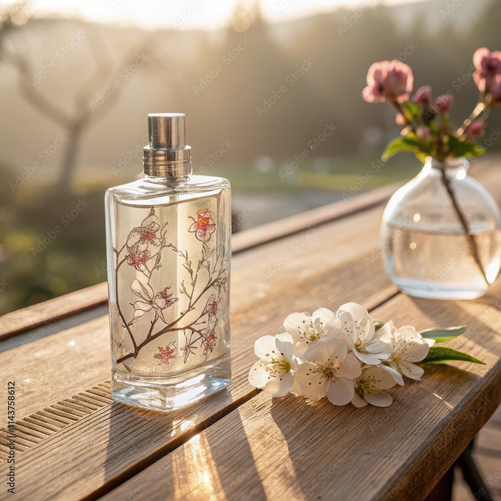 Elegant Fragrance Bottle Decorated with Floral Design on Rustic Wood Table Elegant Fragrance Bottle Decorated with Floral Design on Rustic Wood Table