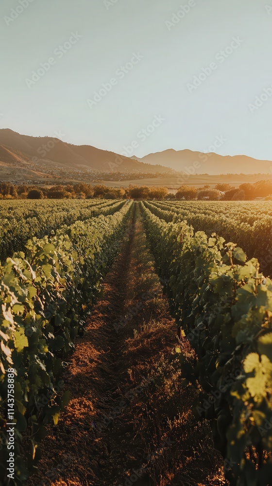 Fototapeta premium Expansive vineyard rows under a golden sunset near the mountains in calm countryside landscape