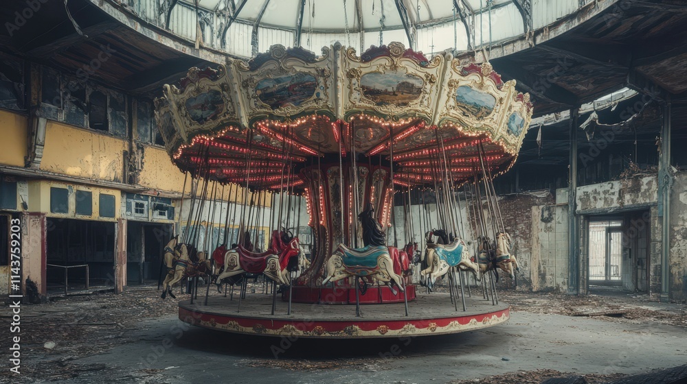 Abandoned Carousel in a Ruined Building Abandoned Carousel in a Ruined Building