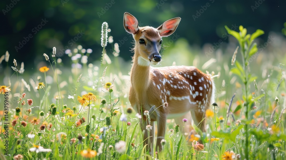 A spotted deer standing in a sunny meadow, surrounded by tall grass and wildflowers. Natural daylight. A spotted deer standing in a sunny meadow, surrounded by tall grass and wildflowers. Natural daylight.