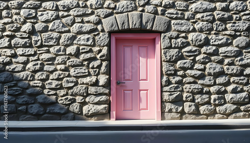 A striking pink door framed by gray stone in soft sunlight, blending mystery and elegance in a quiet urban setting.
 photo