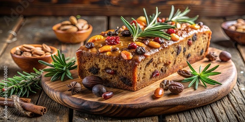 Delicious fruitcake loaf, adorned with rosemary and assorted nuts, rests on a rustic wooden board